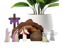 Easter Scene - Wooden Resurrection Cross Tray Set, He Is Risen Christian Decor | Religious Jesus Nativity Ornament, Home Office Tabletop Display | 9 Piece Handcrafted Spiritual Gift, Rustic