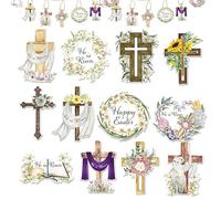 Easter Tree Decorations Christian | 24 X Happy Easter Wooden Hangable Signs | Elegante Decor Touch Crucifixion Ornaments He Is Risen Wooden Signs Religious Ornament For Spring Day Religious Decor