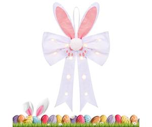Easter Wreath Bow - con LED Lights Bunny Decor, ampia batteria operata per feste in casa, decorazione per feste primaverili