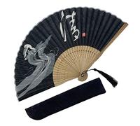 Eastern Wind Ventaglio pieghevole nero giapponese cinese, ventagli manuale in bambù realizzato in tessuto di cotone e lino, incluso copriventola 22X40 cm