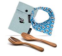 Easy Grip Set di posate per bambini + bavaglino non tossici per l'alimentazione del bambino in una custodia di canapa (Blu)