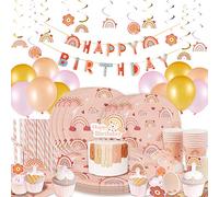 EASY JOY Set di 32 piatti di carta, 16 bicchieri di carta, 16 cannucce, decorazione per torte, decorazione da tavolo, per compleanno, ragazza, compleanno per bambini, baby shower