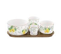 EASY LIFE Fleurs et Citrons Set Aperitivo in Acacia con 4 Ciotole in Porcellana
