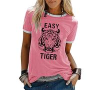 Easy Tiger - T-shirt da donna con testa di tigre animale, maglietta con motivo patchwork a maniche corte, colore: bianco, Rosa, S