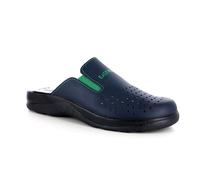 EASY WALK 650 Ciabatte sanitarie anatomiche da uomo in vera pelle con elastico blu e bianche antiscivolo.