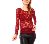 Easy Young Fashion maglietta girocollo da donna a maniche lunghe in pizzo rosso scuro Taglia unica