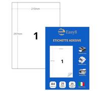 Easy8 210x297 25 Fogli, Etichette Adesive A4, Bianche, Senza Margini