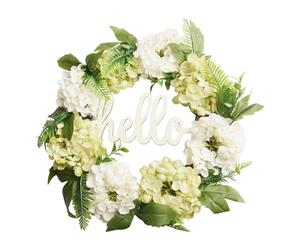EasyByMall Ghirlanda di ortensie artificiali, 40 cm, con cartello Hello, decorazione da parete in seta per porta d'ingresso, interni ed esterni, festa di nozze