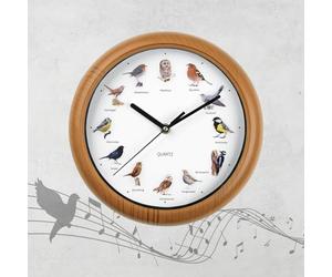 Easymaxx Orologio da parete con 12 immagini e versi realistici di uccelli canterini, spegnimento automatico tra le ore 21 e 5, telaio effetto legno, richiede batterie tipo AA, da 25 x 4 cm