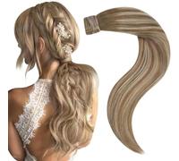 Easyouth Extension Capelli Veri Coda Castano Ombre Ponytail Extension Capelli Castano più Scuro Balayage Castano Cenere e Biondo Medio Wrap Around Capelli Coda di Cavallo Umani 40 cm 80g