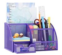 EasyPAG Mesh Desk Organizer with Drawer Multi-Functional Pen Holder Stationery Organizer for Office School Supplies 6 Compartments Dorm Organizers and Storage for Desk, Viola
