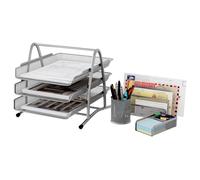 EasyPAG Organizzatore da Scrivania Set di 4 A4 3 Compartimenti Metallo Rete,Vassoio Portadocumenti,Portapenne Ufficio,Portaposta da Tavolo,Portapostit per Casa & Scuola,Argento