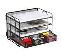 EasyPAG Portadocumenti da Scrivania A4 4 Compartimenti Metallo Rete,Vassoio Lettere,Organizzatore Carta,Ripiano Portacorrispondenza con Cassetto per Ufficio & Casa,Nero