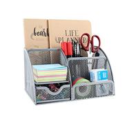 EasyPAG Portapenne da Scrivania 7 Compartimenti Metallo Rete,Organizzatore Scrivania,Porta Cancelleria,Portaoggetti per Ufficio & Casa,Argento