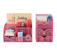 EasyPAG Set di 2 organizer da scrivania in rete per ufficio, versatile porta cancelleria da scrivania e 3 cassetti piccoli, rosa