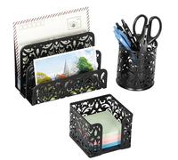 EasyPAG Set organizer da scrivania 3 in 1 intagliato con motivo floreale traforato - porta lettere, portapenne e porta banconote, nero