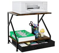 EasyPAG Supporto Stampante da Scrivania 2 Compartimenti Metallo Legno,Ripiano per Stampante,Scaffale Porta Stampante con Cassetto per Ufficio & Casa,Marrone