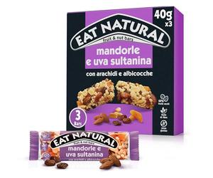 Eat Natural, 3 Barrette Uva Sultanina e Mandorle, Con Frutta Secca ed Essiccata, Ingredienti Naturali, Fonte di Proteine, Senza Glutine, Senza Coloranti e Conservanti, 3 x 40 Gr