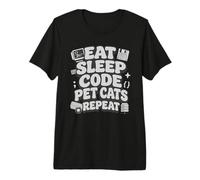 Eat Sleep Code Pet Cats Repeat Funny Programmer Cat Lover Maglietta Premium