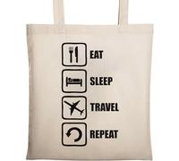 Eat Sleep Travel Repeat Plane Logo Naturale Ecologico Cotone Tote Bag Beige, Beige, Taglia unica