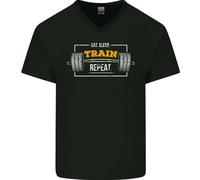 Eat Sleep Treno Ripetere Palestra Allenamento Uomo Scollo A V Cotone T-Shirt
