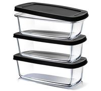 EATEX Teglie per il pane in vetro per la cottura del pane fatto in casa, profonde da 1,9 l, rettangolari in vetro con coperchio, contenitori per alimenti, forno a microonde e freezer, 3 teglie per