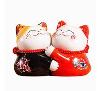 EatingBiting Maneki Neko - Set di 2 salvadanaio decorativo a forma di gatto portafortuna, 10,7 cm, in ceramica, stile vintage, per casa, scrivania, ufficio, motivo: amore accompagna tutta la vita