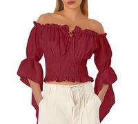 Eauptffy Camicetta rinascimentale con maniche a tromba, spalle scoperte, costume da pirata medievale, maglietta gotica vittoriana a maniche lunghe, camicetta boho elegante