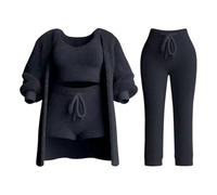 Eauptffy Cozy Knit Set da 4 pezzi, set da 4 pezzi, tinta unita, girocollo, per il tempo libero, tracksuit Cozy Knit Set Crop Top, Shorts & Long Coat Warm Tuta da jogging Set giacca con cappuccio, Nero