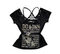 Eauptffy Emo Grunge T-shirt vintage Y2K anni '2000 a maniche corte, da donna, hip hop, slim fit, a maniche corte, gotico, top punk streetwear per feste clubwear, O nero., S