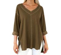 Eauptffy Maglietta da donna elegante, oversize, lunga alla moda, con scollo a V, vestibilità larga, a maniche lunghe, con schiena scoperta, traspirante, con bottoni, taglie forti, O marrone, XXXL