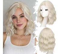 Eawwii Parrucca bionda platino corta ondulata da donna, attaccatura dei capelli in pizzo stile bob, sintetica resistente al calore, aspetto naturale per acconciature di tutti i giorni, 35,5 cm