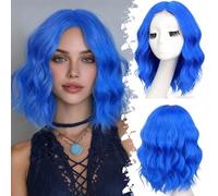 Eawwii Parrucca corta ondulata blu da donna, in pizzo, stile bob, sintetica, resistente al calore, aspetto naturale, per acconciature di tutti i giorni, 35,5 cm