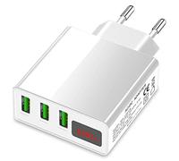 Eaxus® Alimentazione USB 3A - Caricabatterie a 3 Porte con Display LCD e Funzione di Ricarica Rapida, Bianco