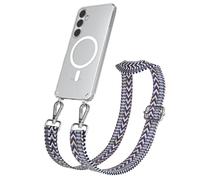EAZY CASE Catenella per cellulare - Cinturino regolabile compatibile con Galaxy S24 Plus, tracolla del telefono compatibile con la ricarica Qi in Zig Zag - Blu Bianco Metallo Argento