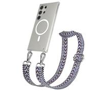 EAZY CASE Catenella per cellulare - Cinturino regolabile compatibile con Galaxy S24 Ultra, tracolla del telefono compatibile con la ricarica Qi in Zig Zag - Blu Bianco Metallo Argento