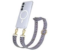 EAZY CASE Catenella per cellulare - Cinturino regolabile compatibile con Galaxy S25 Plus, tracolla del telefono compatibile con la ricarica Qi in Zig Zag - Blu Bianco Metallo Oro