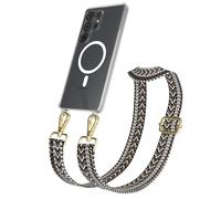 EAZY CASE Catenella per cellulare - Cinturino regolabile compatibile con Galaxy S25 Ultra, tracolla del telefono compatibile con la ricarica Qi in Zig Zag - Grigio Nero Metallo Oro