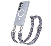 EAZY CASE Catenella per cellulare - Cinturino regolabile compatibile con Galaxy S25 Ultra, tracolla del telefono compatibile con la ricarica Qi in Zig Zag - Blu Bianco Metallo Argento