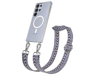 EAZY CASE Catenella per cellulare - Cinturino regolabile compatibile con Galaxy S25 Ultra, tracolla del telefono compatibile con la ricarica Qi in Zig Zag - Blu Bianco Metallo Argento