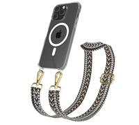 EAZY CASE Catenella per cellulare - Cinturino regolabile compatibile con iPhone 15 Pro Max, tracolla del telefono compatibile con la ricarica Qi in Zig Zag - Grigio Nero Metallo Oro