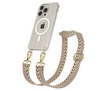 EAZY CASE Catenella per cellulare - Cinturino regolabile compatibile con iPhone 15 Pro, tracolla del telefono compatibile con la ricarica Qi in Zig Zag - Marrone Chiaro Marrone Metallo Oro