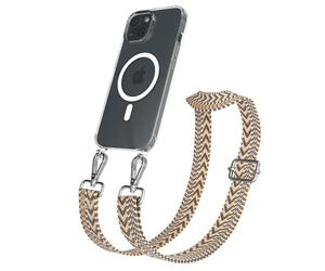 EAZY CASE Catenella per cellulare - Cinturino regolabile compatibile con iPhone 15, tracolla del telefono compatibile con la ricarica Qi in Zig Zag - Marrone Chiaro Marrone Metallo Argento