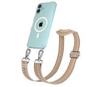 EAZY CASE Catenella per cellulare - Cinturino regolabile compatibile con iPhone 16 Plus, tracolla del telefono compatibile con la ricarica Qi in Onde - Beige Marrone Metallo Argento