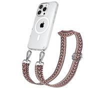 EAZY CASE Catenella per cellulare - Cinturino regolabile compatibile con iPhone 16 Pro, tracolla del telefono compatibile con la ricarica Qi in Zig Zag - Bacca Rosa Metallo Argento
