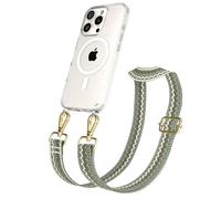 EAZY CASE Catenella per cellulare - Cinturino regolabile compatibile con iPhone 16 Pro, tracolla del telefono compatibile con la ricarica Qi in Onde - Verde Beige Metallo Oro