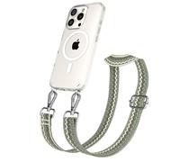 EAZY CASE Catenella per cellulare - Cinturino regolabile compatibile con iPhone 16 Pro, tracolla del telefono compatibile con la ricarica Qi in Onde - Verde Beige Metallo Argento
