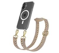 EAZY CASE Catenella per cellulare - Cinturino regolabile compatibile con iPhone 16, tracolla del telefono compatibile con la ricarica Qi in Zig Zag - Marrone Chiaro Marrone Metallo Oro