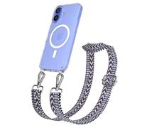 EAZY CASE Catenella per cellulare - Cinturino regolabile compatibile con iPhone 16, tracolla del telefono compatibile con la ricarica Qi in Zig Zag - Blu Bianco Metallo Argento