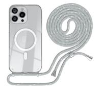 EAZY CASE - catenella per cellulare compatibile con iPhone 16 Pro Max, catenella da appendere, custodia in silicone con laccetto, custodia trasparente per cellulare in Grigio/Bianco - Clip Argento